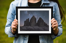 Load image into Gallery viewer, Tre Cime Di Lavaredo Astrophotography | Night Time Space Photography For Sale, Northern Italy Home Decor
