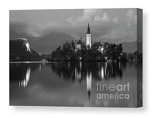 Load image into Gallery viewer, Black and White Print of Lake Bled | Slovenia Mountain Photography - Home Decor Gifts - Sebastien Coell Photography
