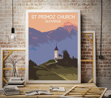 Load image into Gallery viewer, Mountain Travel Poster of Jamnik Church, St Primoz Slovenia Prints for Sale, Mountain Photography Home Decor Gifts - SCoellPhotography
