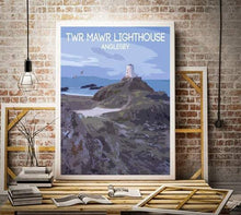 Load image into Gallery viewer, Travel Poster Print Illustration of Twr Mawr Lighthouse Wall Art, Anglesey Photography Wales Llanddwyn Photo gift christmas wedding decor uk - SCoellPhotography
