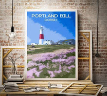 Load image into Gallery viewer, Travel Poster Print Illustration of Portland Bill Lighthouse Wall Art in Dorset Wild Flowers Photo, Sea thrift Christmas gifts gift home uk - SCoellPhotography
