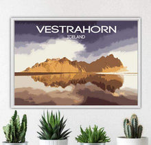 Load image into Gallery viewer, Iceland Poster Print of The Vestrahorn, Mountain Illustration art for Sale, Stokksnes Landscape Photography Home Decor Gifts - SCoellPhotography
