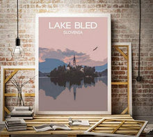 Load image into Gallery viewer, Poster Print Illustration of Lake Bled Slovenia Wall Art, Mountain Photography photo xmas gift alpine alps Christmas gifts wedding gift eu - SCoellPhotography
