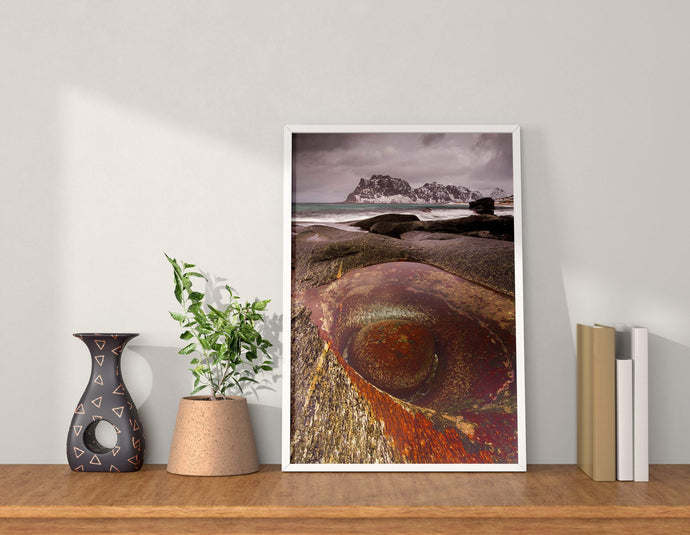 Nordic Fine art Photos | The Dragon Eye rock pool at Uttakleiv Beach wall art - Home Decor Gifts - Sebastien Coell Photography