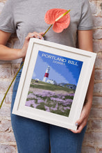 Load image into Gallery viewer, Travel Poster Print Illustration of Portland Bill Lighthouse Wall Art in Dorset Wild Flowers Photo, Sea thrift Christmas gifts gift home uk - SCoellPhotography
