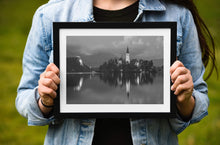 Load image into Gallery viewer, Black and White Print of Lake Bled | Slovenia Mountain Photography - Home Decor Gifts - Sebastien Coell Photography
