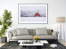 Load image into Gallery viewer, Nordic Minimalist art | Scandinavian Red Hut Prints, Lofoten Islands Snow Art - Sebastien Coell Photography
